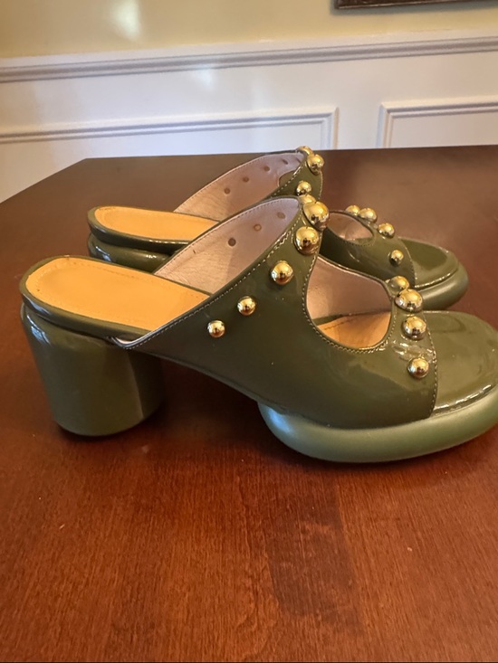 Shoes - NWOT Olive Green Studded Patent Leather Mules 9